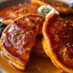 Delicious sweet potato pancakes stacked on a plate with syrup and toppings