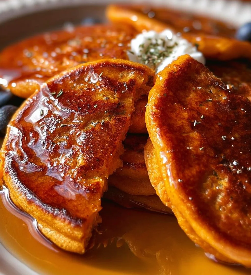 Delicious sweet potato pancakes stacked on a plate with syrup and toppings