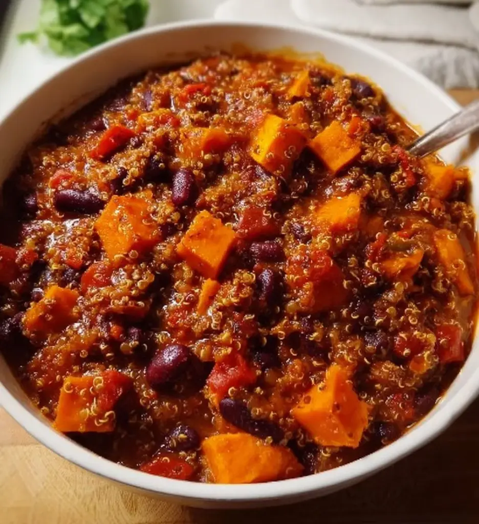 Bowl of sweet potato and quinoa chili topped with fresh herbs and avocado
