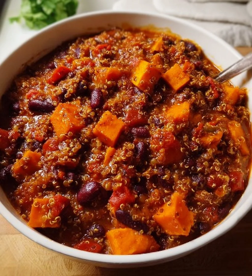 Bowl of sweet potato and quinoa chili topped with fresh herbs and avocado