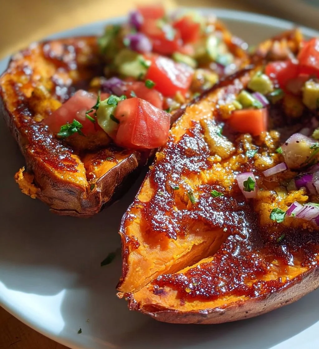 Delicious sweet potato tacos served in boats, garnished with fresh toppings.