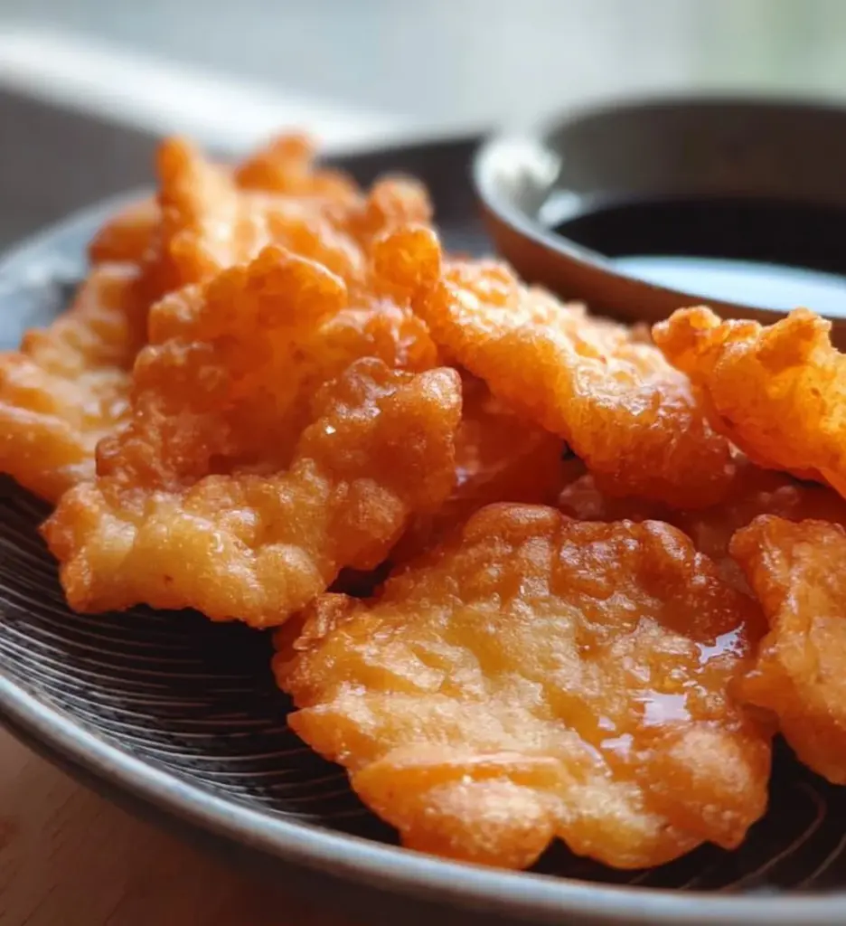 Crispy sweet potato tempura served with dipping sauce