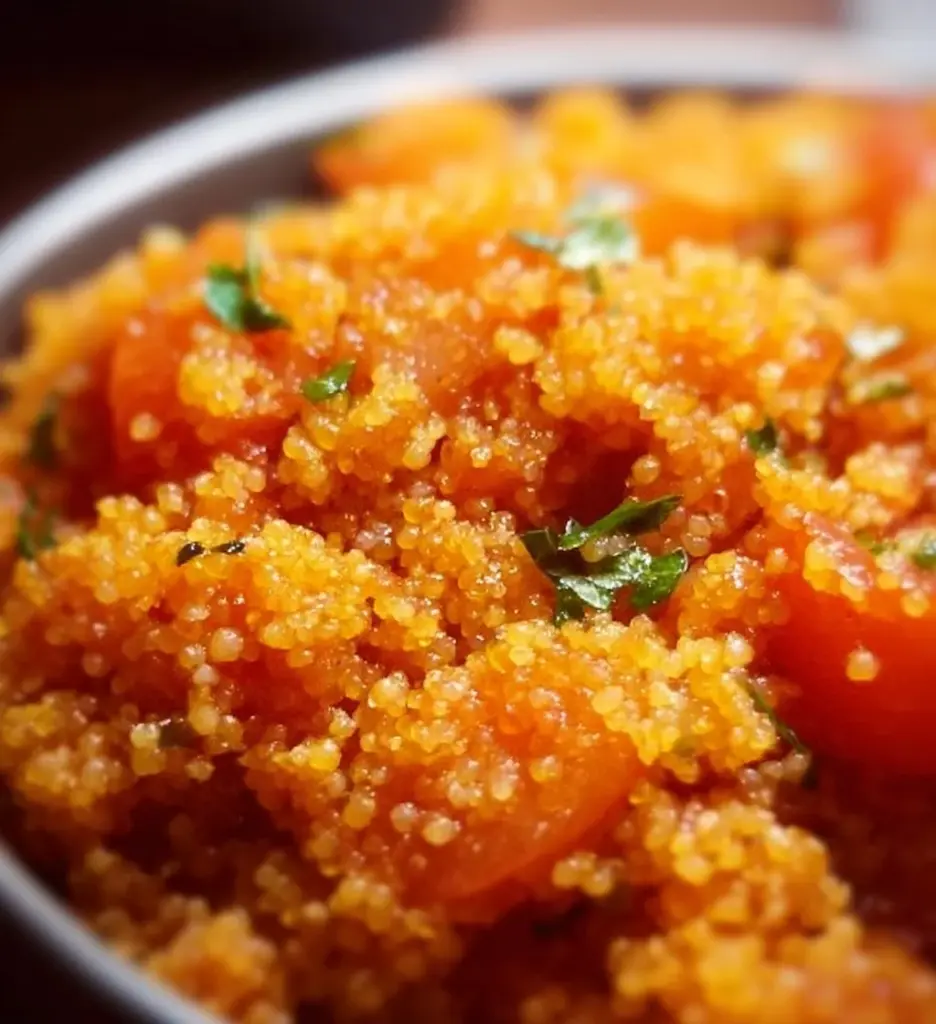 A bowl of Tomato Couscous garnished with fresh herbs and vegetables
