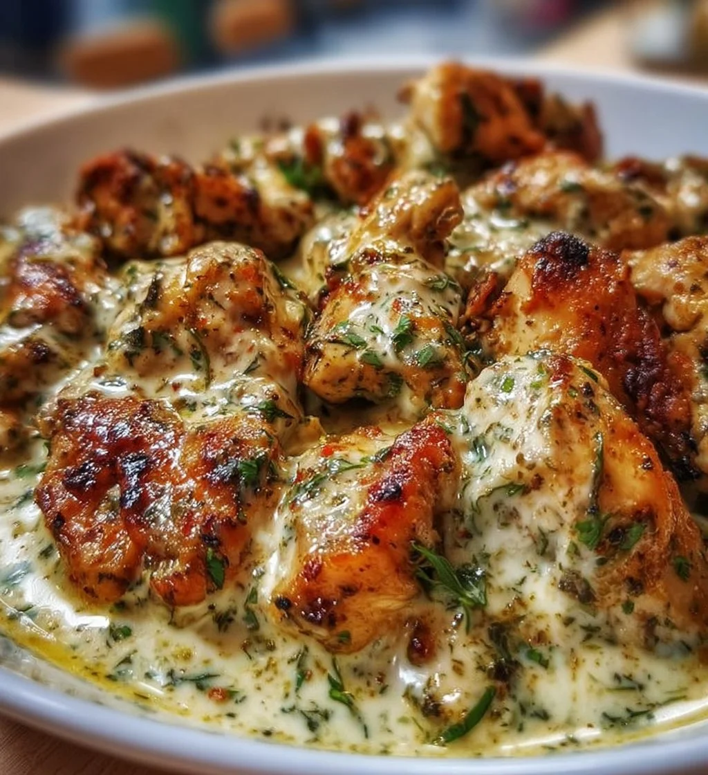 Turkish chicken cooked in a creamy white sauce served in a bowl