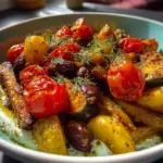 Vegan Mediterranean Bowl with roasted vegetables and colorful toppings