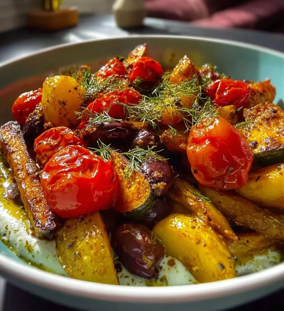 Vegan Mediterranean Bowl with roasted vegetables and colorful toppings