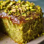 Delicious Vegan Pistachio Cake with a rich green color and nut topping.