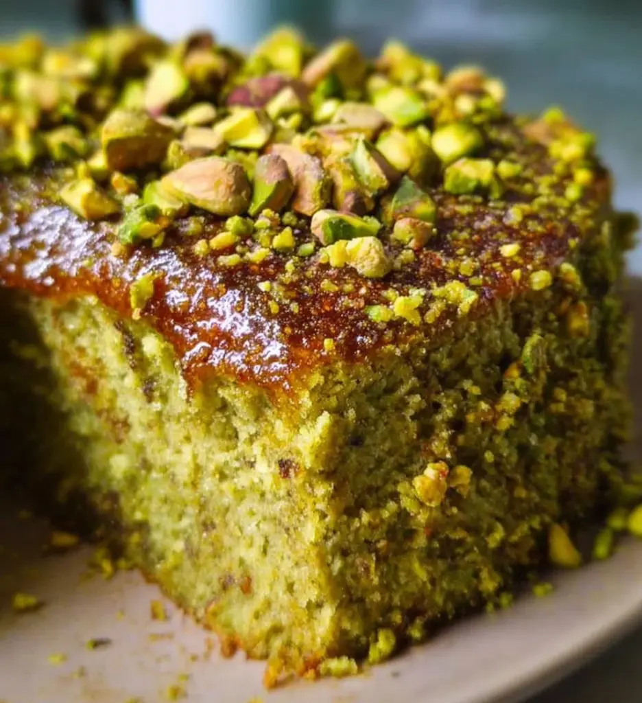 Delicious Vegan Pistachio Cake with a rich green color and nut topping.