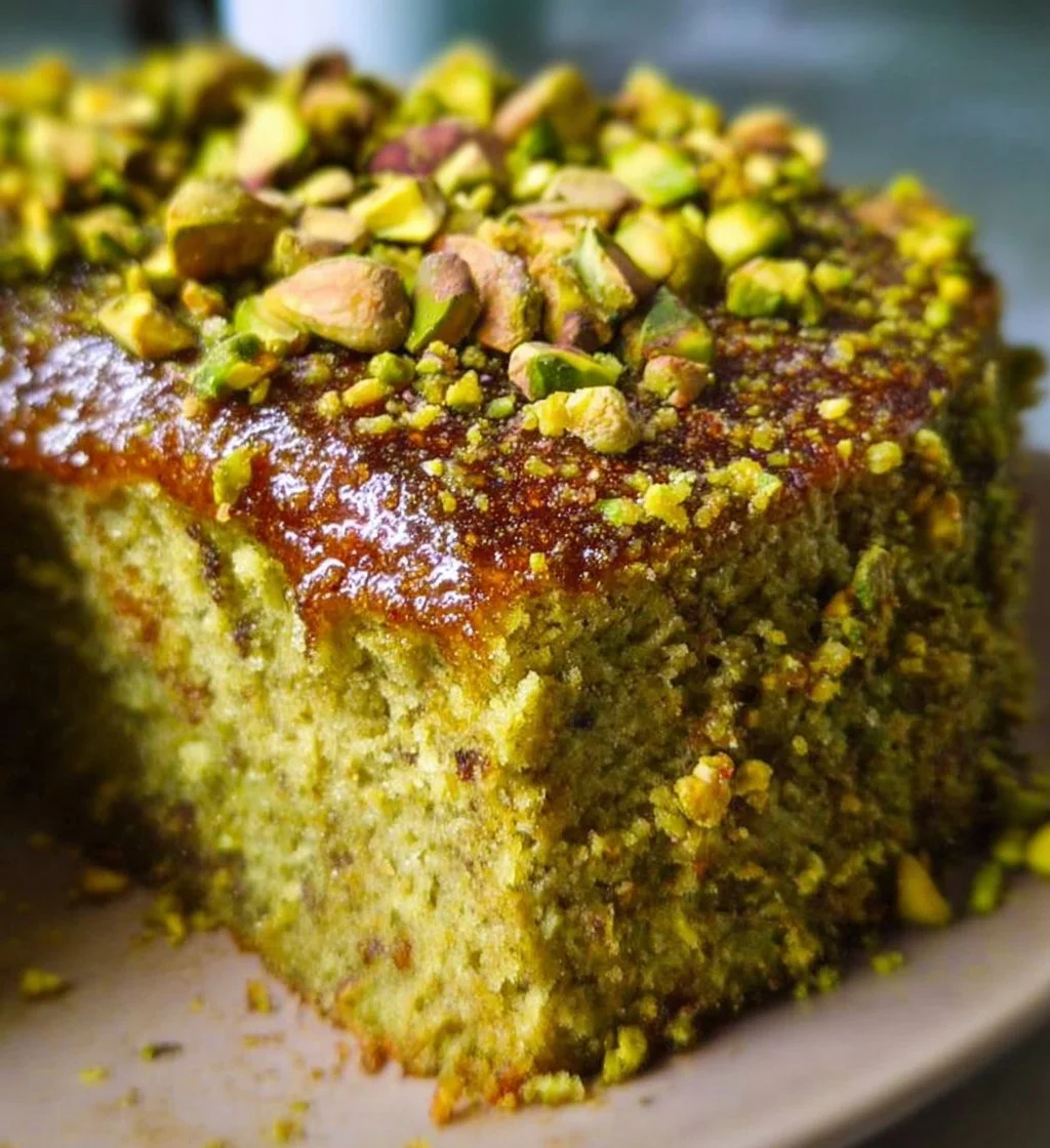 Delicious Vegan Pistachio Cake with a rich green color and nut topping.