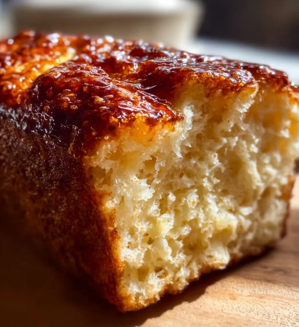 Sliced zero carb yogurt bread on a wooden board with fresh herbs