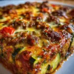 Delicious Zucchini Pizza Casserole topped with cheese and vegetables.