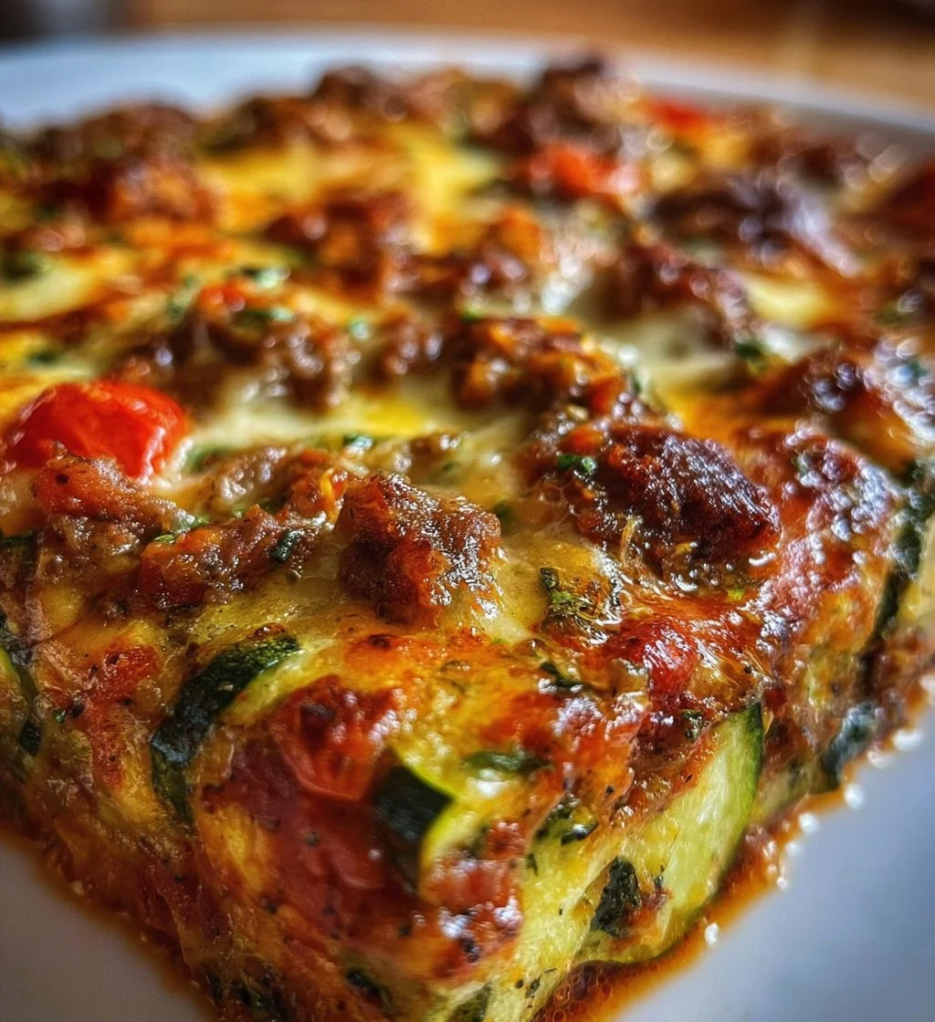 Delicious Zucchini Pizza Casserole topped with cheese and vegetables.