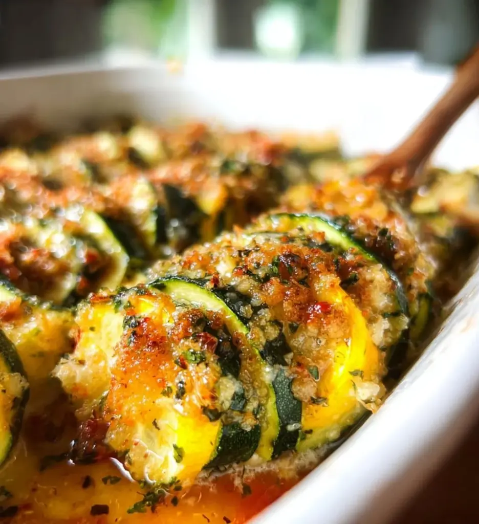 Zucchini and squash casserole baked with cheese and herbs
