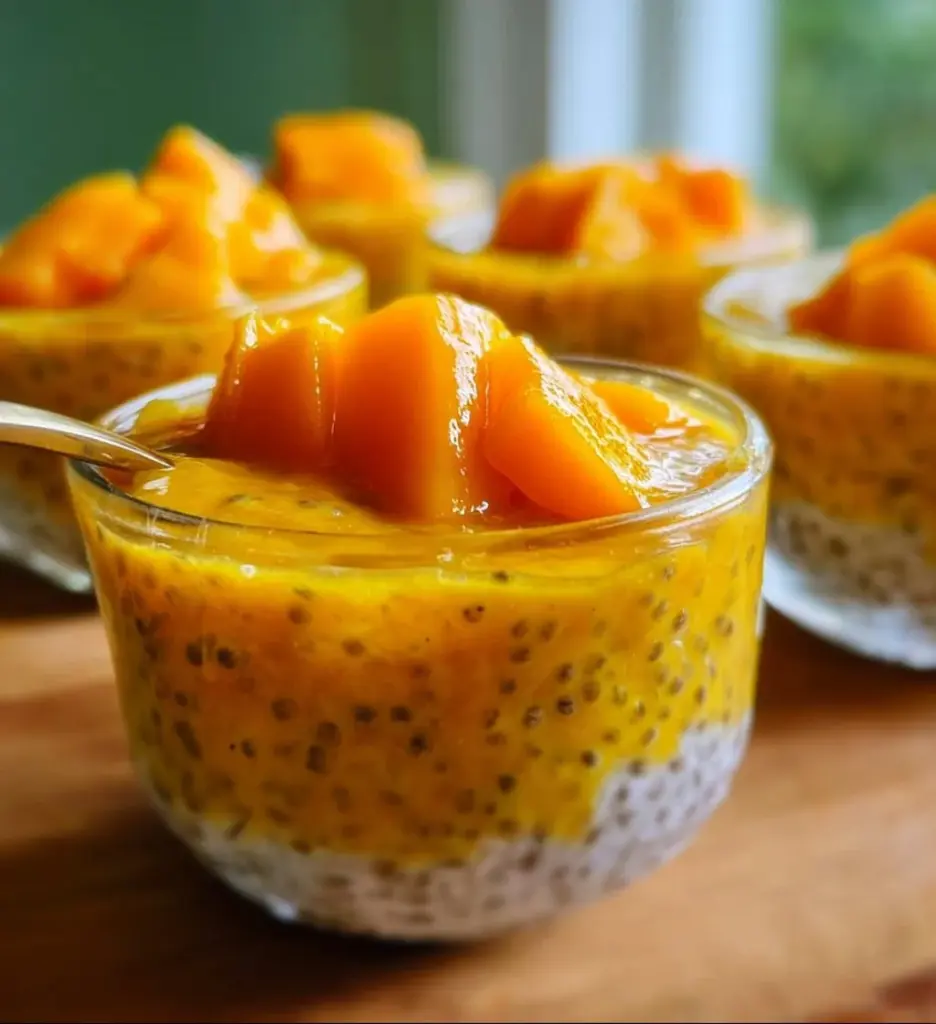 Delicious mango chia pudding cups with a creamy texture and fresh mango topping.