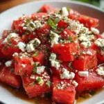Fresh watermelon feta salad with mint and lime in a bowl