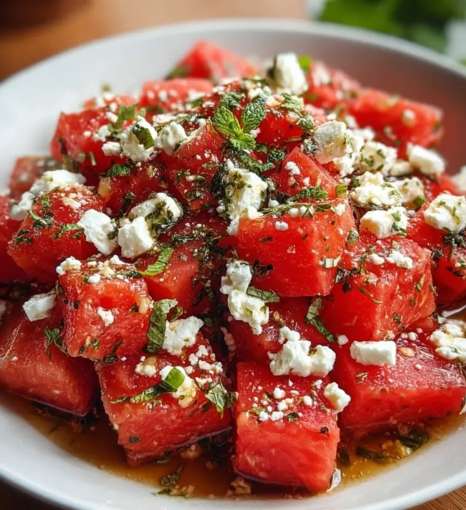 Fresh watermelon feta salad with mint and lime in a bowl
