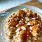 Delicious almond croissant overnight oats topped with almonds and fruits