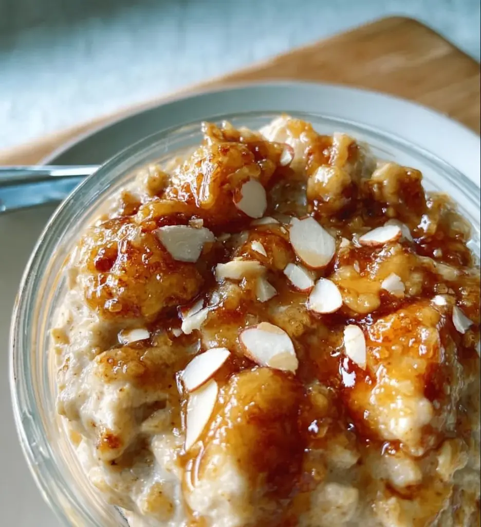 Delicious almond croissant overnight oats topped with almonds and fruits