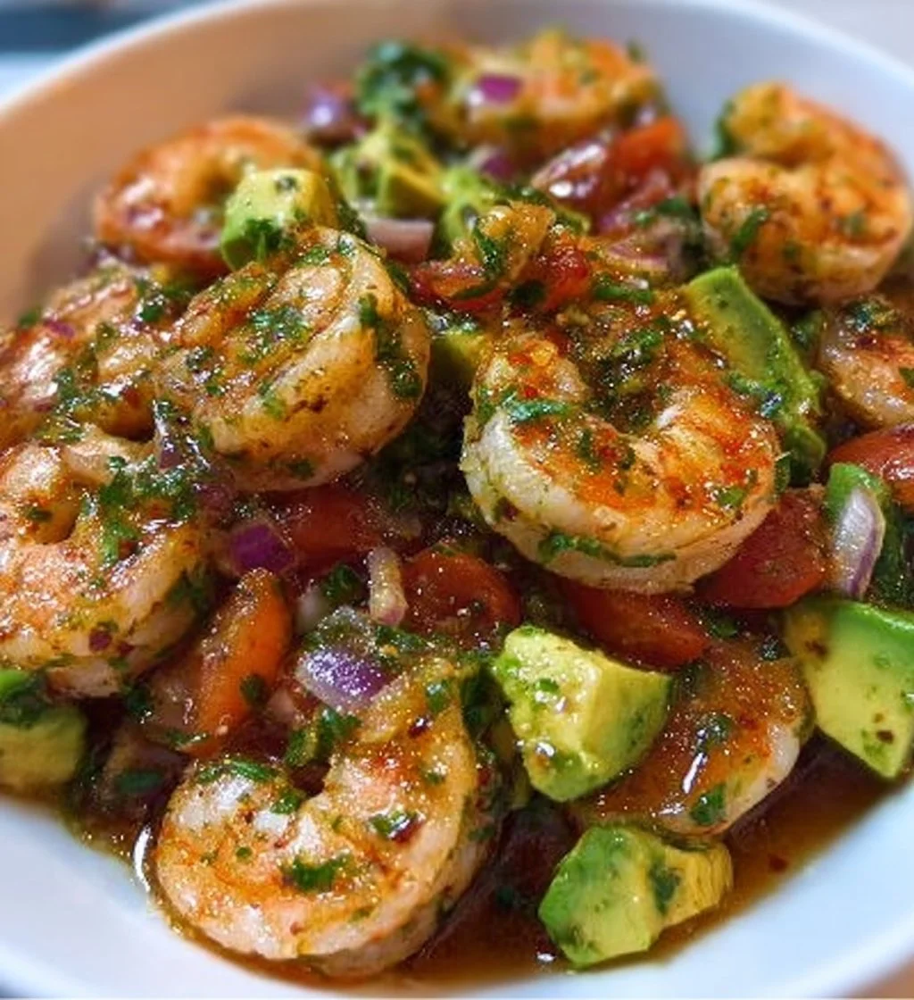 Colorful Avocado Salsa Shrimp Salad served in a bowl