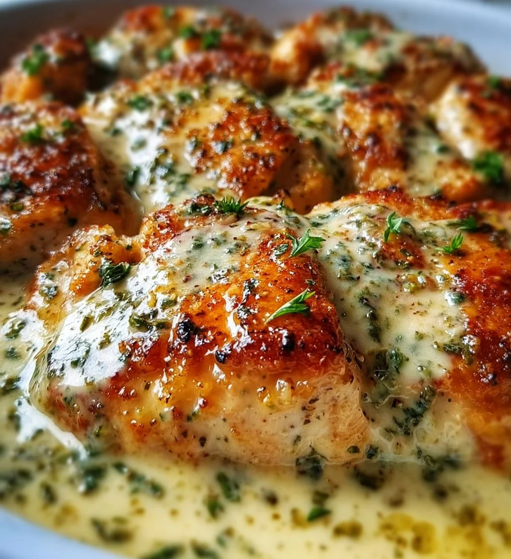 Baked Caesar Chicken topped with creamy parmesan sauce on a plate