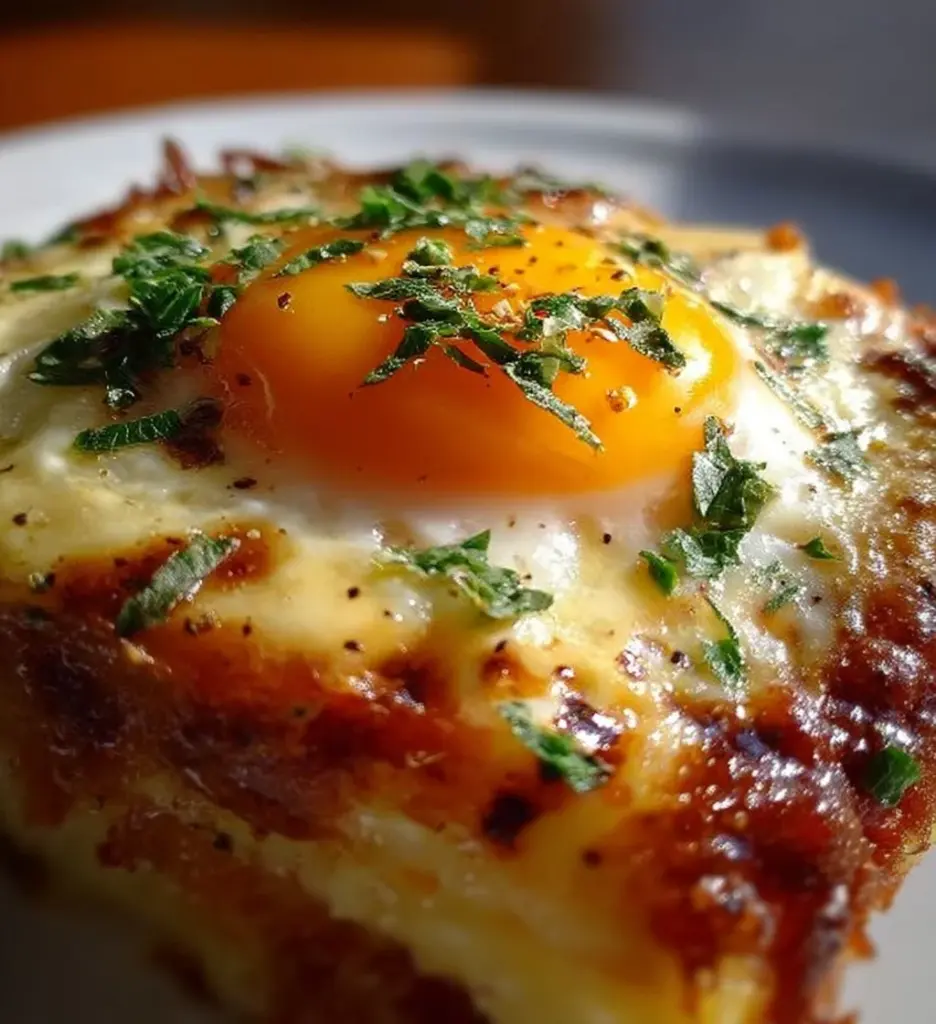 Delicious Baked Eggs Napoleon served in an elegant dish.