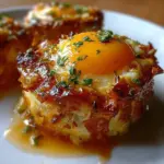 Delicious Baked Eggs Napoleon served in a rustic dish with herbs and spices.