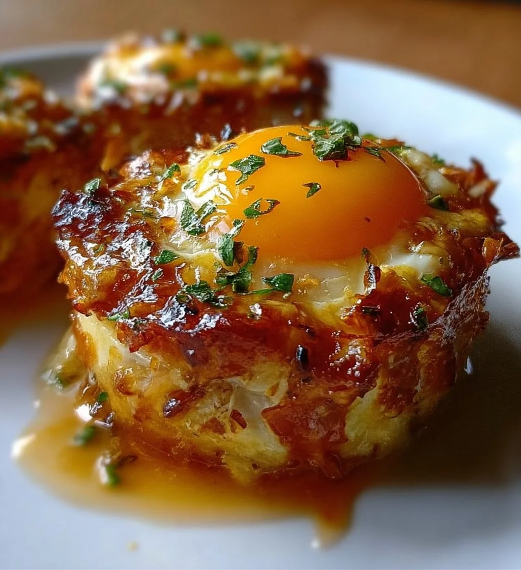 Delicious Baked Eggs Napoleon served in a rustic dish with herbs and spices.