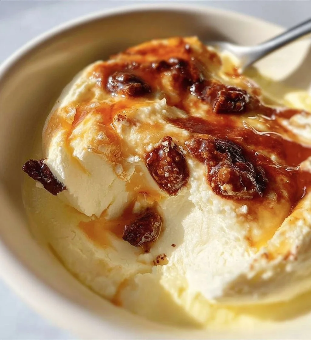 Delicious baked Greek yogurt dish with toppings in a rustic setting