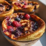 Baked protein pancake bowls topped with fresh fruits and nuts