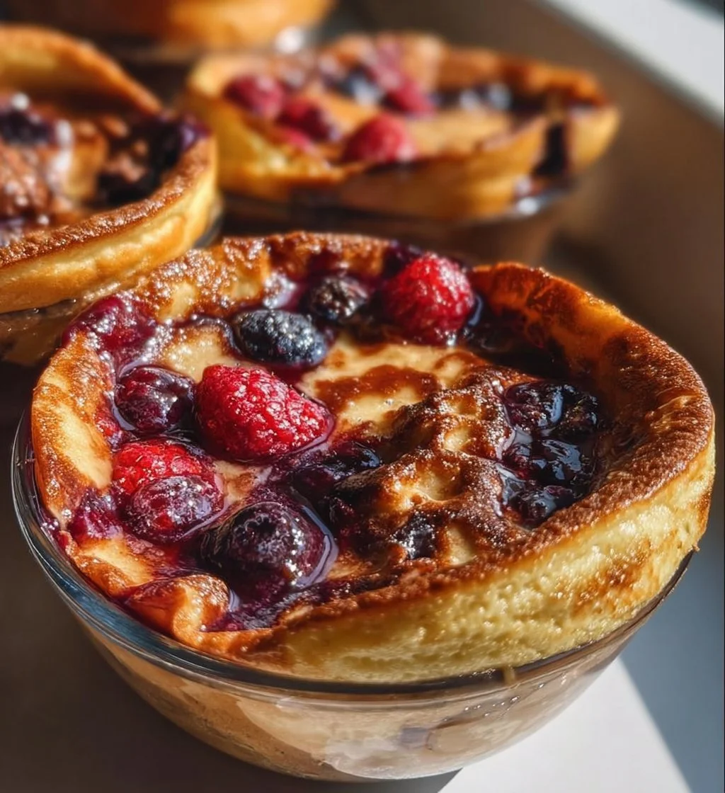 Baked protein pancake bowls topped with fresh fruits and nuts