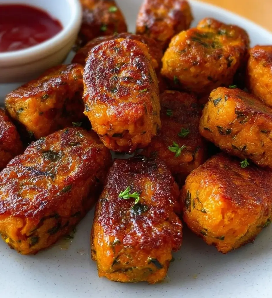 Baked sweet potato zucchini tots served on a plate with dipping sauce
