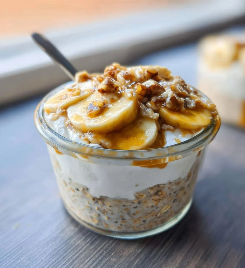 Delicious banana cream pie overnight oats topped with sliced bananas and whipped cream