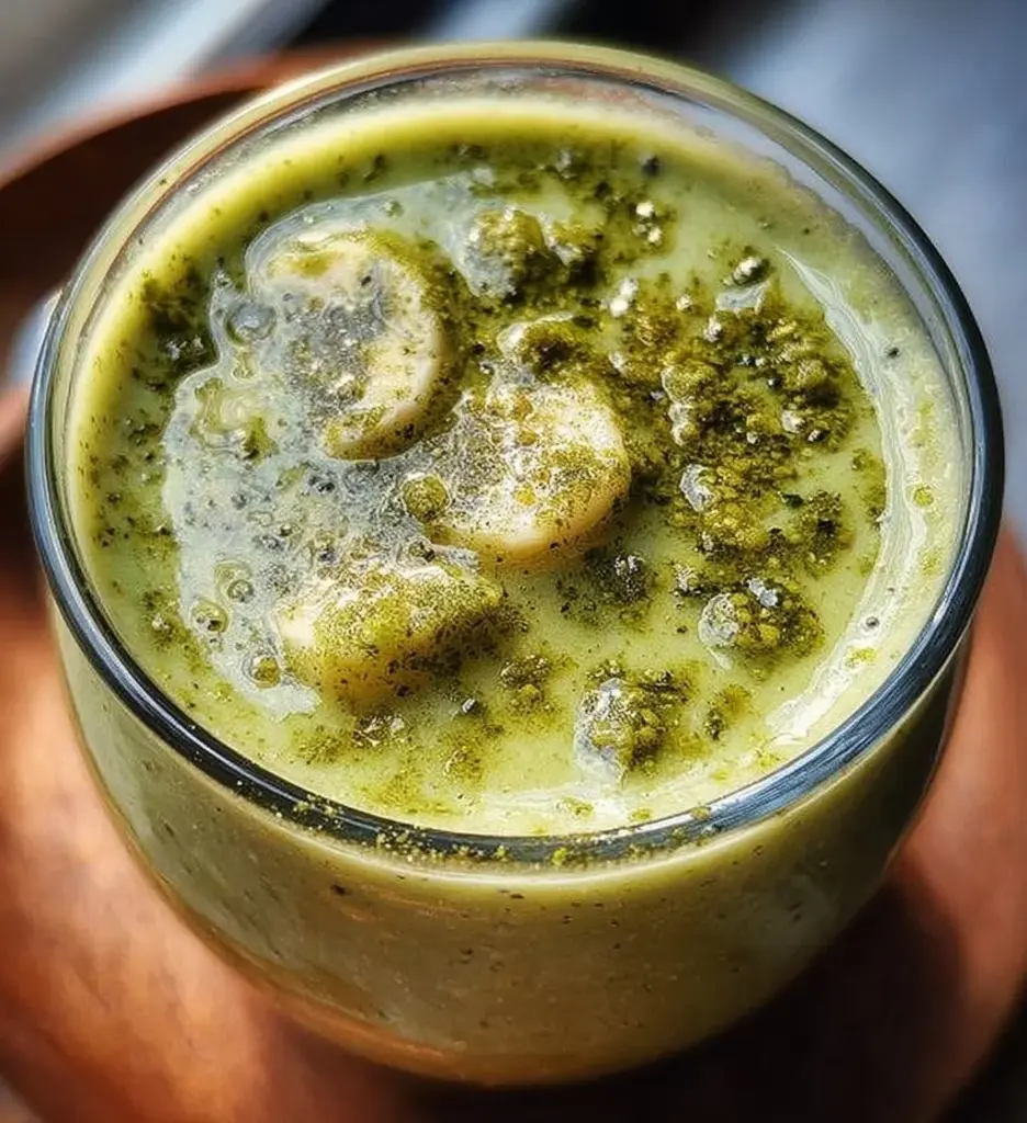 Banana matcha smoothie in a glass with fresh bananas and matcha powder on the side.