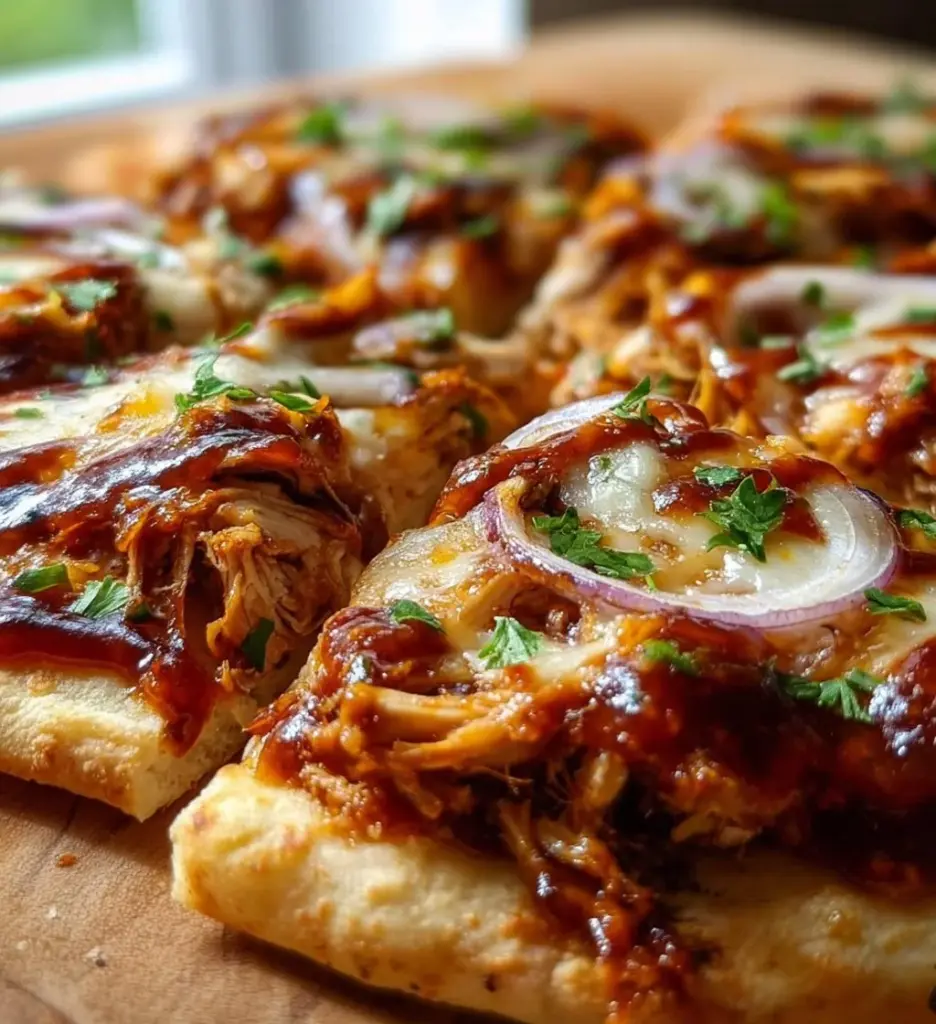 Delicious BBQ Chicken Flatbread topped with shredded chicken and sauces.