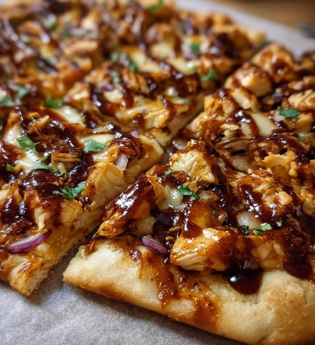 BBQ Chicken Flatbread with grilled chicken and fresh toppings on a rustic platter