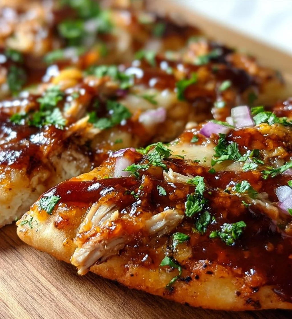 BBQ chicken flatbread topped with fresh vegetables and herbs