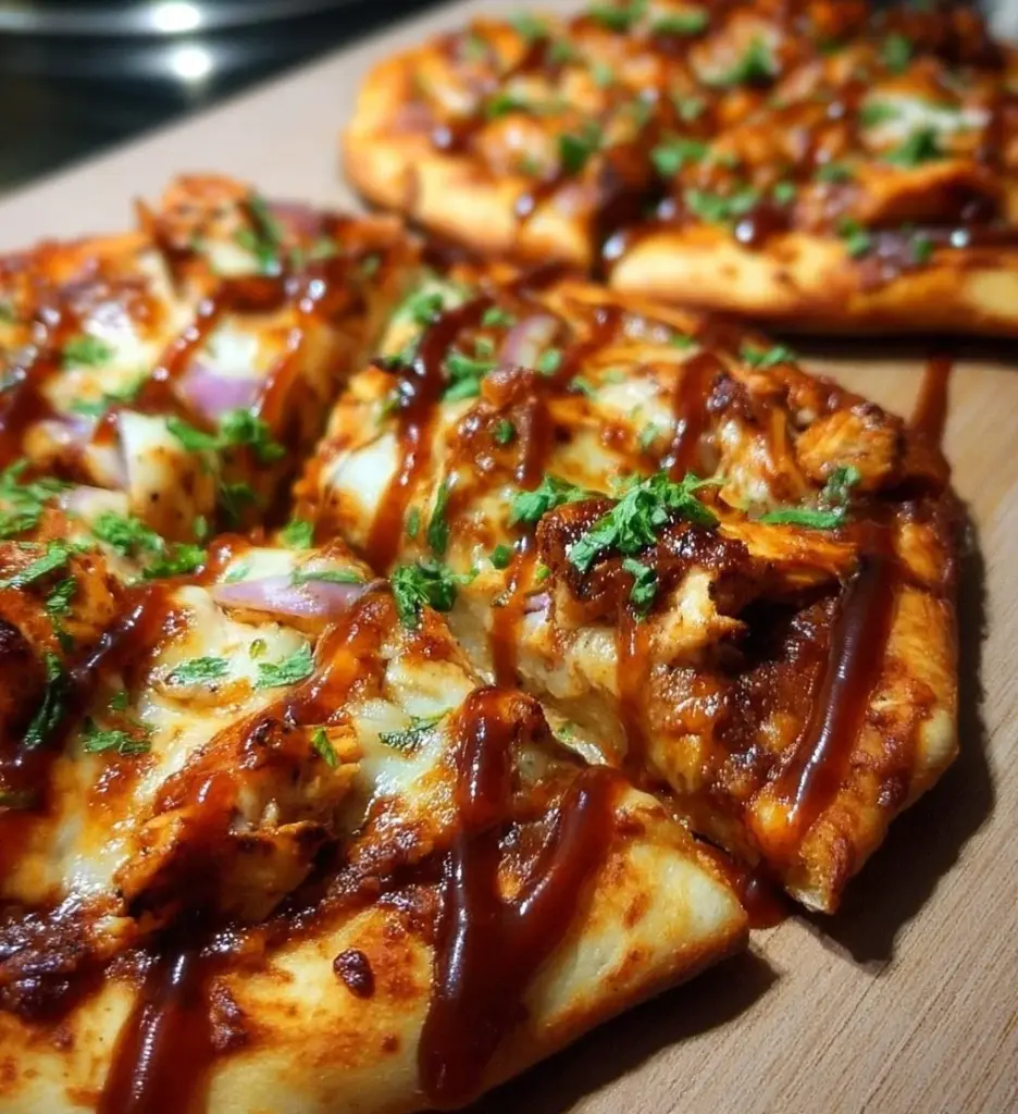 Delicious BBQ chicken naan pizza topped with fresh ingredients