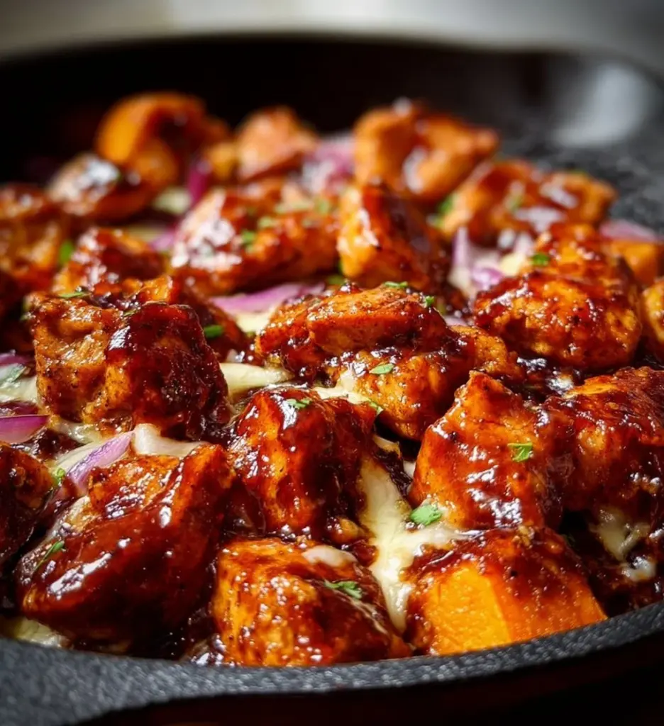 BBQ chicken sweet potato skillet topped with fresh herbs and spices