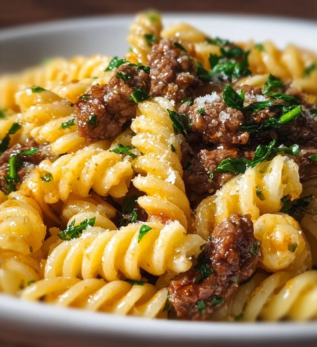 Beef and Rotini pasta topped with garlic parmesan sauce.