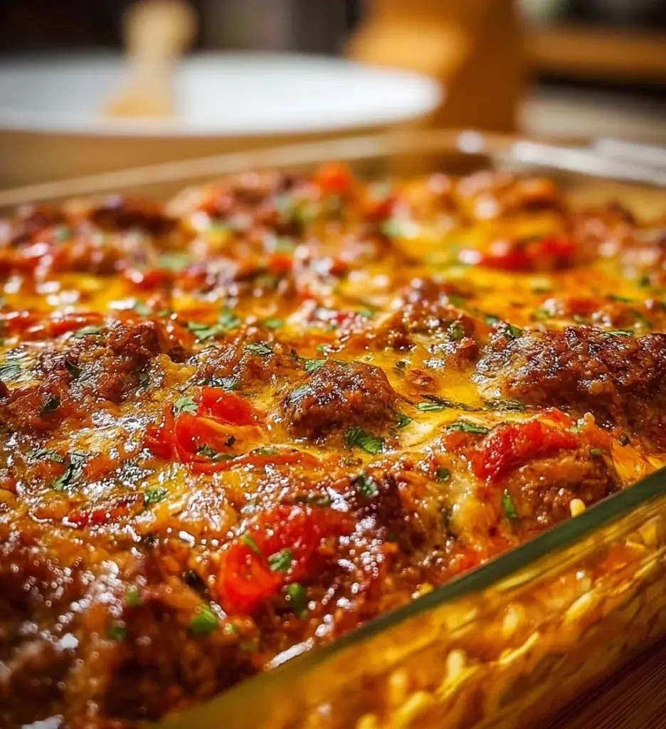 Savory Beef Lombardi Casserole topped with cheese and herbs