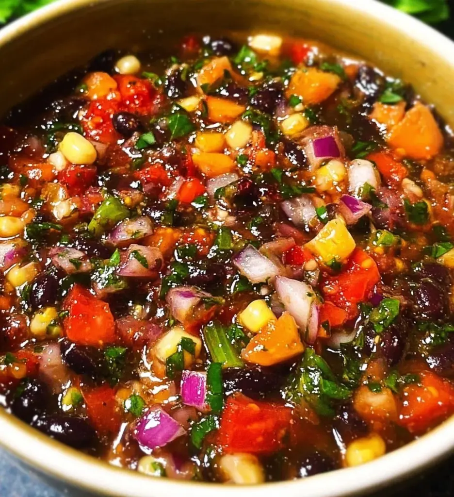 Delicious bowl of Cowboy Caviar with colorful vegetables and beans