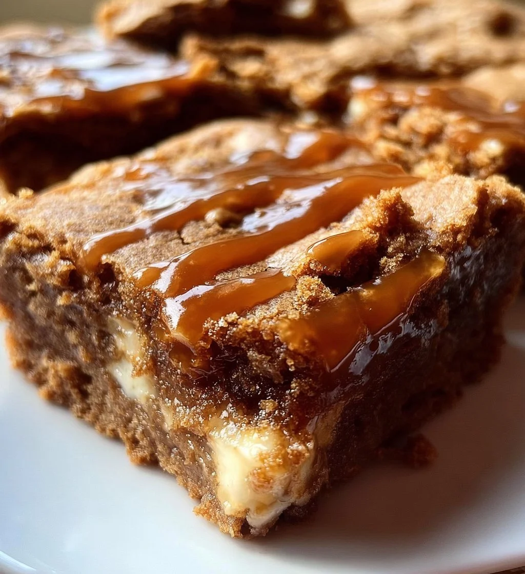Delicious Biscoff Blondies drizzled with caramel and topped with cookie crumbs.