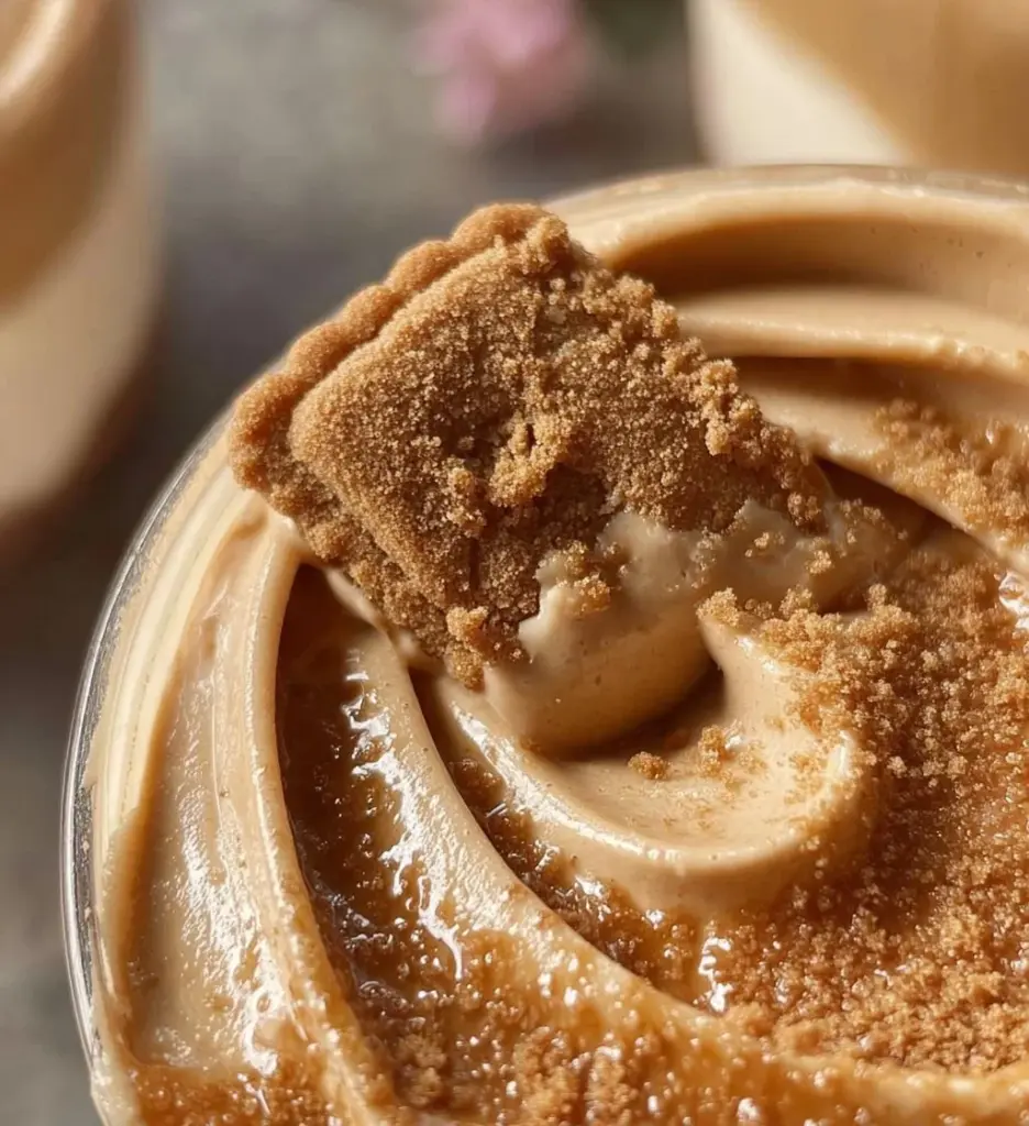 Delicious Biscoff Mousse dessert in a glass, topped with cookie crumbles