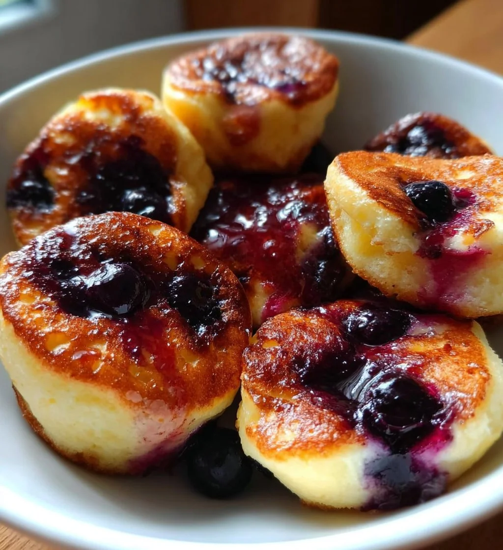 Blueberry cottage cheese pancake bites served on a plate.