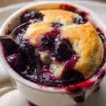 Delicious homemade Blueberry Mug Cake topped with fresh blueberries.