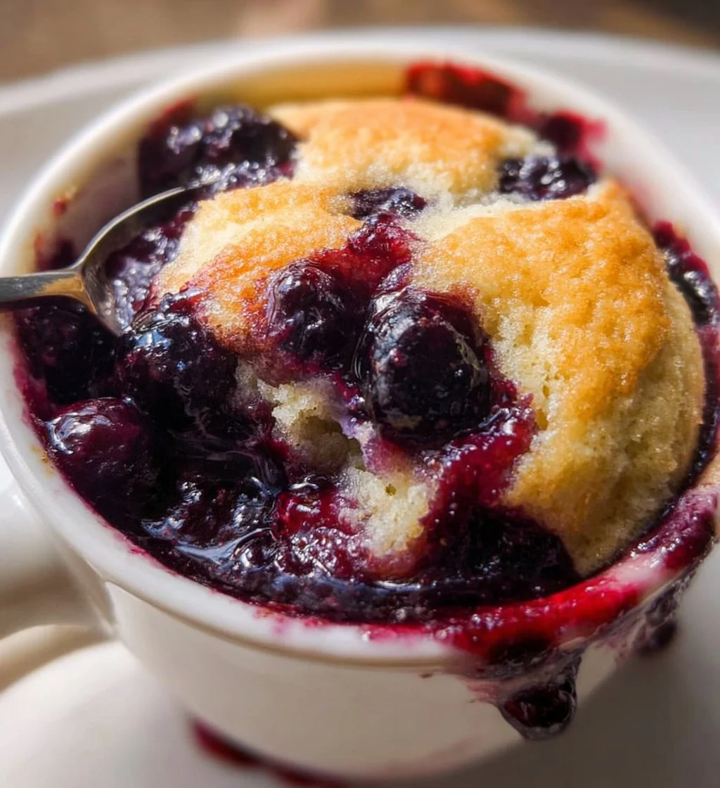 Delicious homemade Blueberry Mug Cake topped with fresh blueberries.