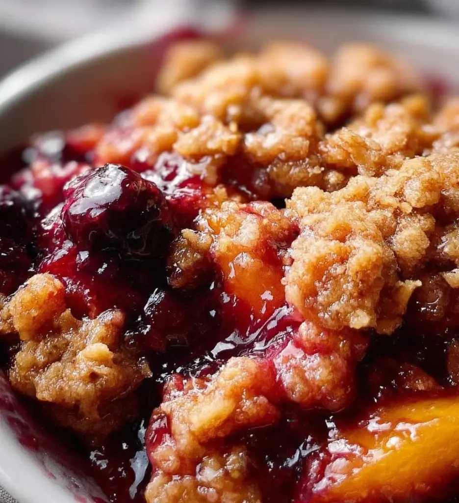 Freshly baked blueberry peach crumble topped with a golden crispy layer