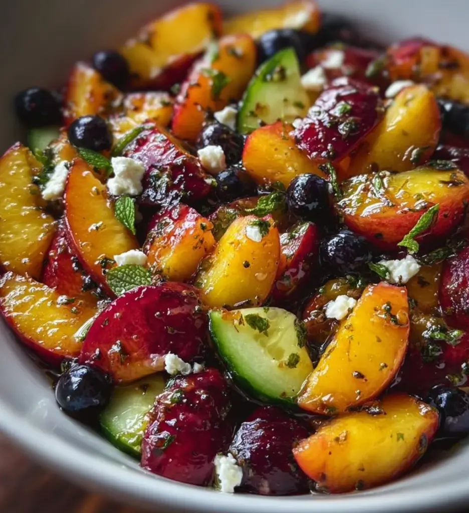 Fresh blueberry peach feta salad with vibrant ingredients in a bowl.