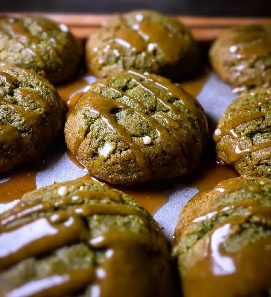 Delicious brown butter matcha cookies on a baking tray with green tea leaves.
