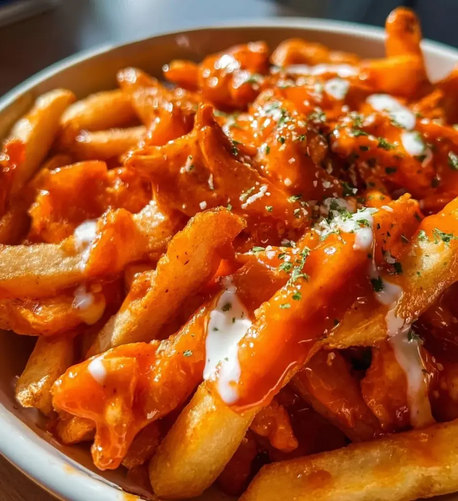 Delicious Buffalo Chicken Fries topped with ranch and green onions